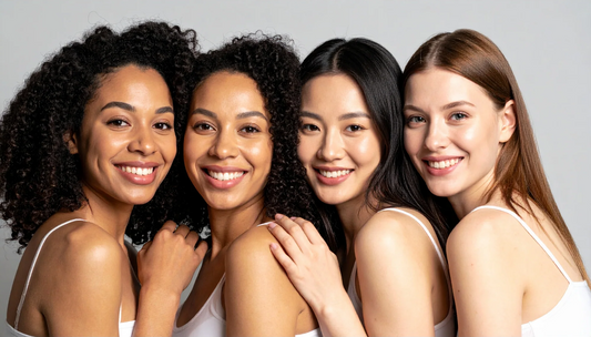 Four women with different hair textures, illustrating chemical relaxer research