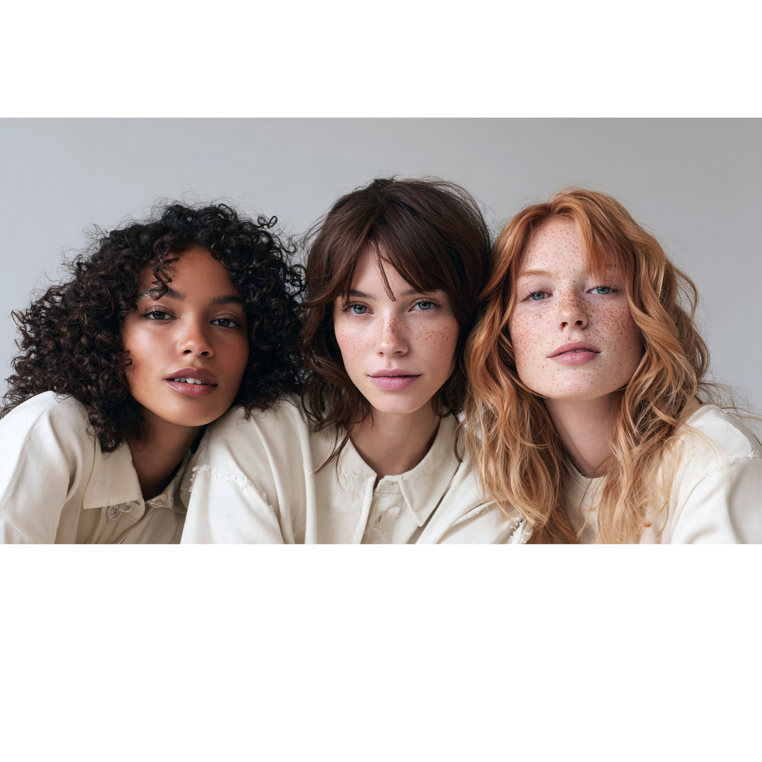 Three women side by side showing curly, wavy, and straight hair textures