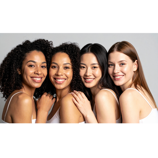 Four women of different ethnicities and hair types smiling together